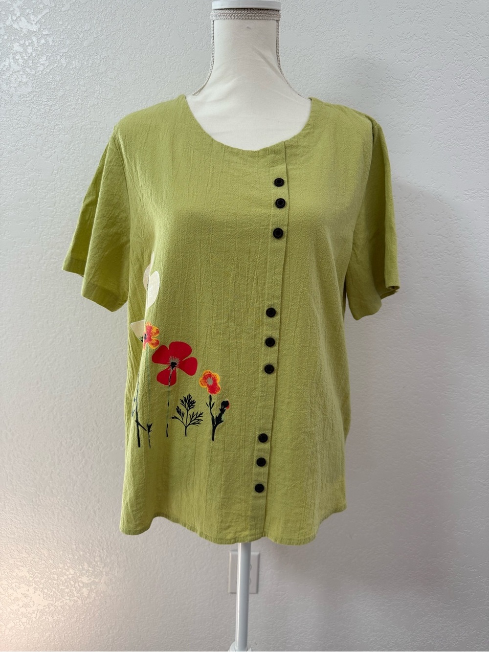 Green Floral Woven Scoop Neck Button Front Short Sleeve Blouse 0XL Plus
